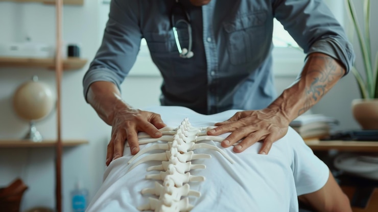 Zdjęcie zdjęcie przedstawia chiropraktyka dostosowującego kręgosłup pacjenta chiropraktyk używa rąk, aby wywierać nacisk na plecy pacjenta pacjent leży na stole