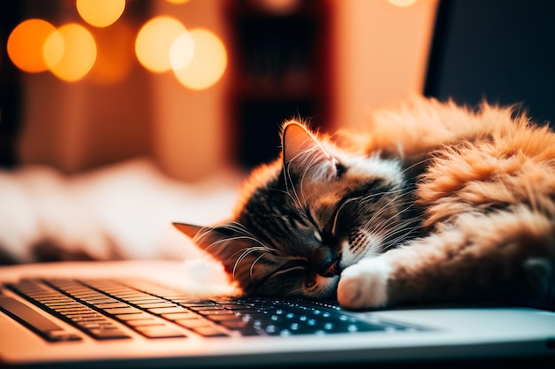 Zdjęcie przedstawia zbliżenie kota leżącego wygodnie na otwartym laptopie