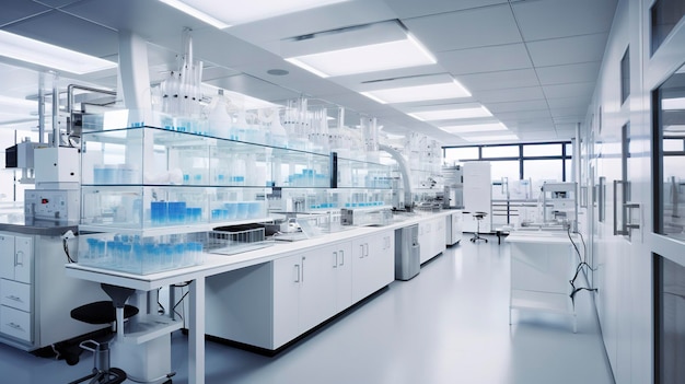 Zdjęcie przedstawiające czystą i zorganizowaną konstrukcję nowoczesnego laboratorium szpitalnego lub badania