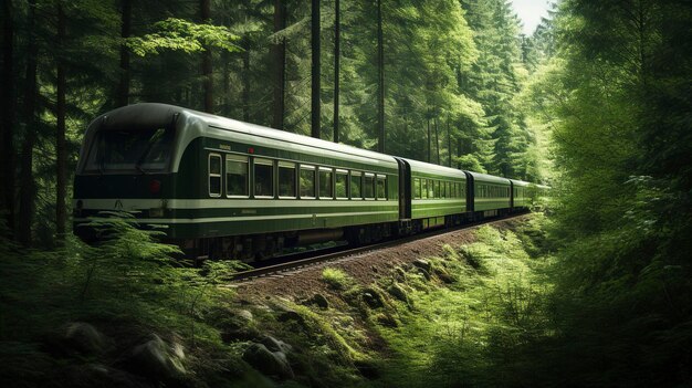 Zdjęcie przedstawiające kontrast pomiędzy nowoczesnym pociągiem a naturalnym otoczeniem