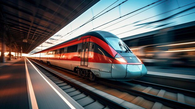 Zdjęcie przedstawiające rozmycie ruchu pociągu przejeżdżającego z dużą prędkością, podkreślające jego dynamiczną naturę