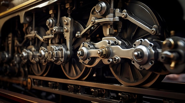 Zdjęcie zdjęcie przedstawiające skomplikowane szczegóły i mechanizmy układu hamulcowego pociągu lub sprzęgów