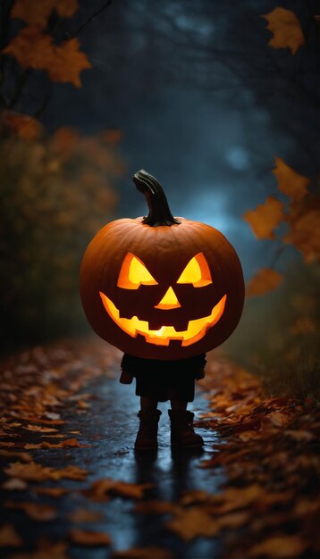 Zdjęcie przedstawiające uroczą latarnię z świecącymi oczami i witajnym uśmiechem Halloween