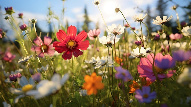Zdjęcie przedstawiające z bliska dzikie kwiaty kwitnące na spokojnej łące na wsi