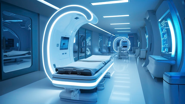 Zdjęcie przedstawiające zaawansowaną technologię medyczną, taką jak skanery MRI lub CT