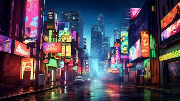 Zdjęcie przedstawiające żywe kolory i energię nocnej dzielnicy miasta z jasnymi neonami