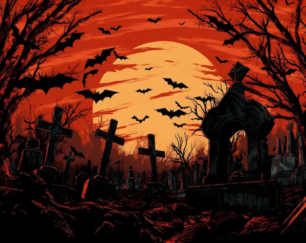 Zdjęcie przerażającego zamku i cmentarza na Halloween