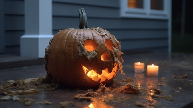 Zdjęcie przerażającej dyni halloween z złą twarzą i oczami z bliska