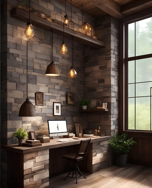Zdjęcie przytulnego domowego biura z rustykalną kamienną ścianą i ciepłymi drewnianymi podłogami