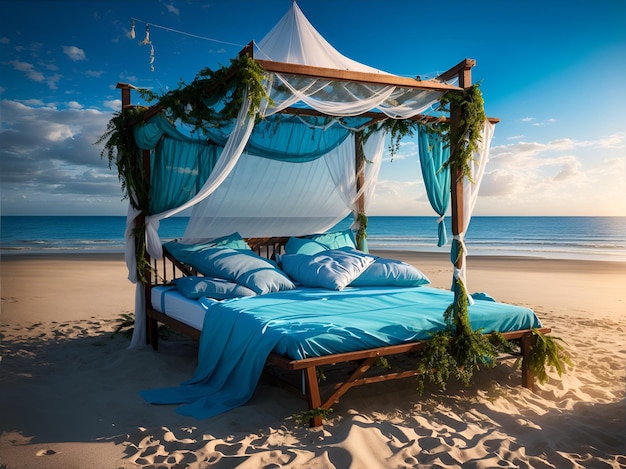 Zdjęcie przytulnego łóżka przy plaży z marzycielskim baldachimem i widokiem na ocean