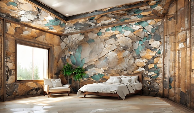 Zdjęcie przytulnej sypialni z rustykalną kamienną ścianą i wygodnym łóżkiem
