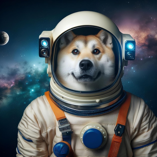 Zdjęcie psa w hełmie astronauta odizolowanego na tle kosmicznym
