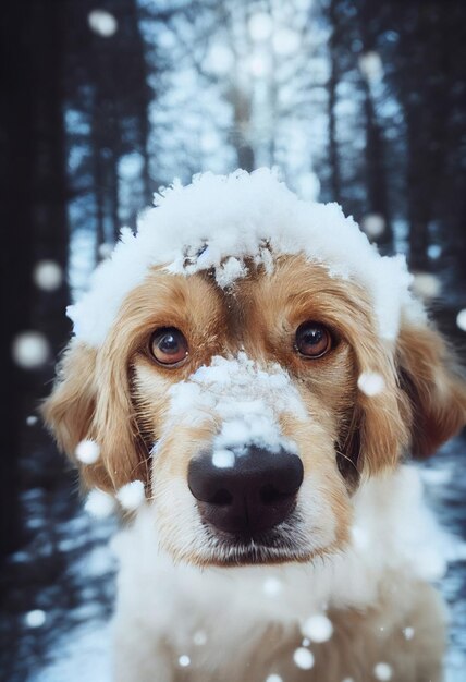 Zdjęcie psa w przyrodzie w śnieżnym lesie patrząc na aparat Zdjęcie w stylu glamour