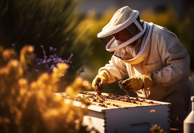 Zdjęcie zdjęcie pszczół na plastrze miodu z miodem i zbierających miód z farmy pszczół