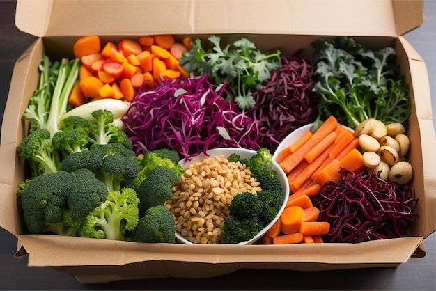 Zdjęcie pudełka na zakupy żywności stojące przy drzwiach domu lub mieszkania dostawę warzyw i owoców