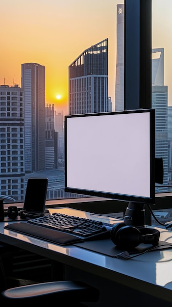 Zdjęcie pulpitu z komputerem z monitorem z białym pustym ekranem dla makiety klawiatury