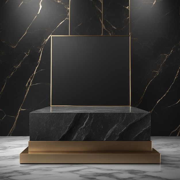 zdjęcie puste Scena wyświetlania produktów ze złotego czarnego kamienia 3d tło z ramą rockowe podium stoisko ciemne