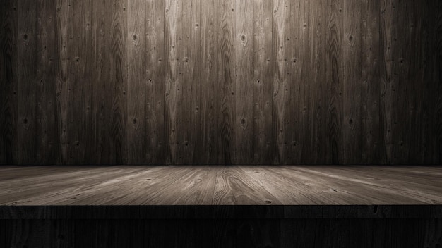 Zdjęcie pustego drewnianego pokoju z ciemnym drewnianym tłem