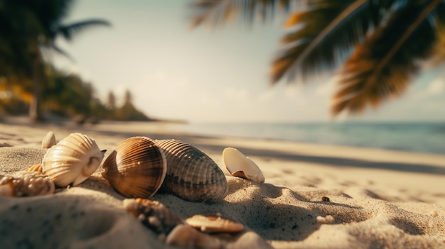 Zdjęcie pustej muszli na plaży o zachodzie słońca wygenerowane przez ai