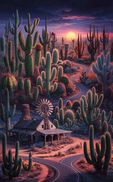 Zdjęcie zdjęcie pustyni z kaktusem i wiatrakiem