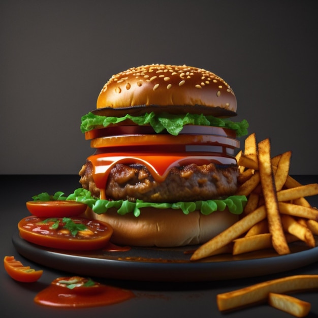 zdjęcie pysznego i luksusowego produktu hamburgerowego stworzonego przy użyciu generatywnej sztucznej inteligencji