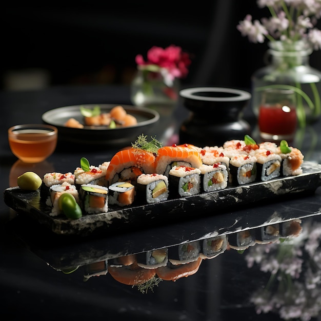 zdjęcie pysznej atrakcji wizualnie oszałamiającej tacki sushi