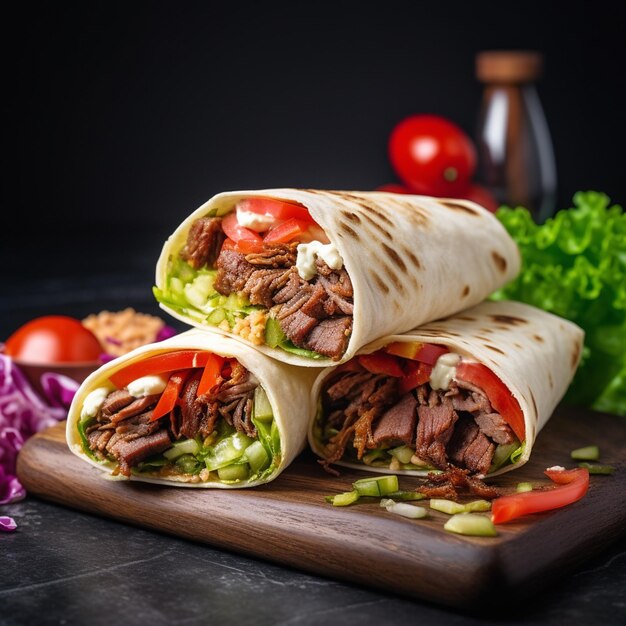 Zdjęcie zdjęcie pysznej i gorącej kurczaka shawarma w izolowanym tle