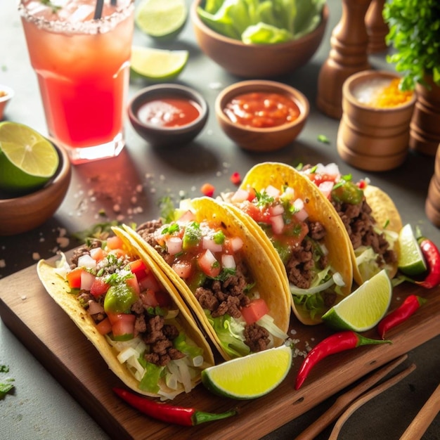Zdjęcie pysznych i świeżych tacos z warzywami, krewetkami, kurczakiem i mięsem ze specjalnym s
