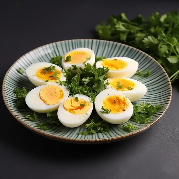 Zdjęcie pysznych, smacznych jajek gotowanych i kawałków jaj