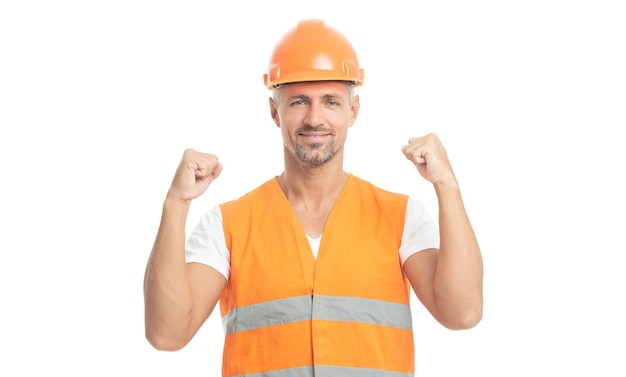 Zdjęcie radosnego inżyniera noszącego kamizelkę odblaskową mężczyzna inżynier odizolowany na białym