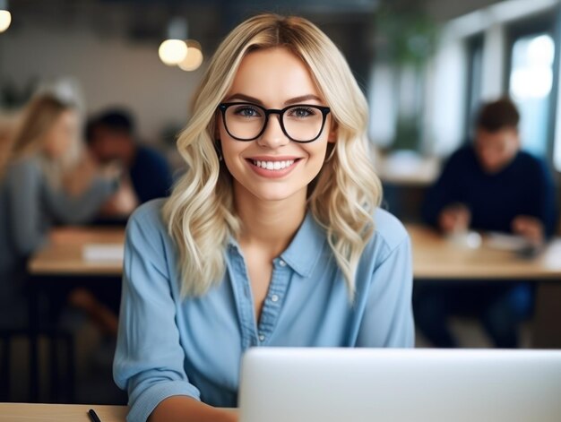 Zdjęcie radosnej, miłej kobiety używającej laptopa Piękna kobieta biznesowa pisząca na laptopie