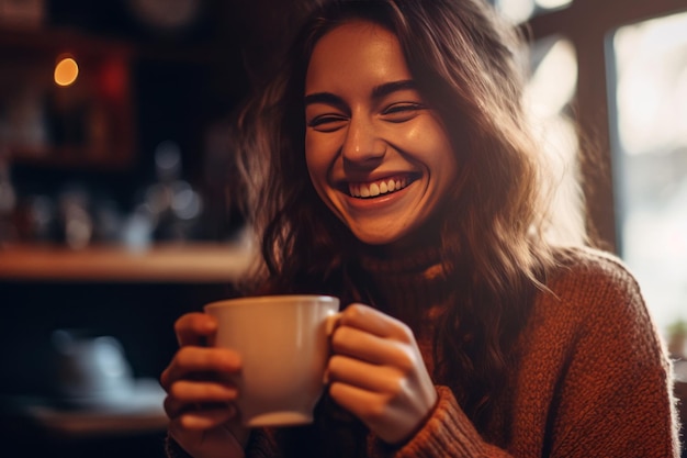 Zdjęcie radosnej młodej kobiety cieszącej się filiżanką kawy w domu