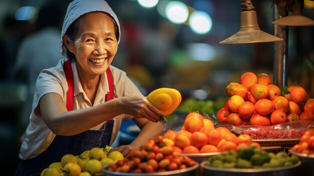 zdjęcie radosnej sprzedawczyni pracującej w sklepie z warzywami