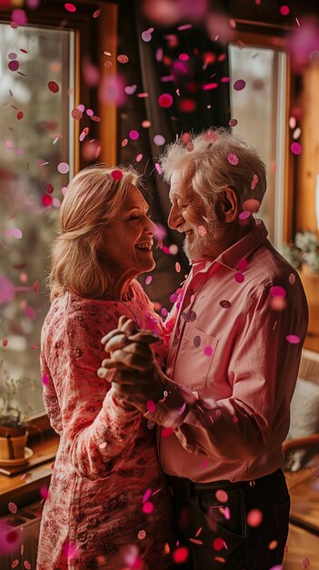 Zdjęcie radosnej starszej pary tańczącej w domu w różowych i fioletowych konfetach