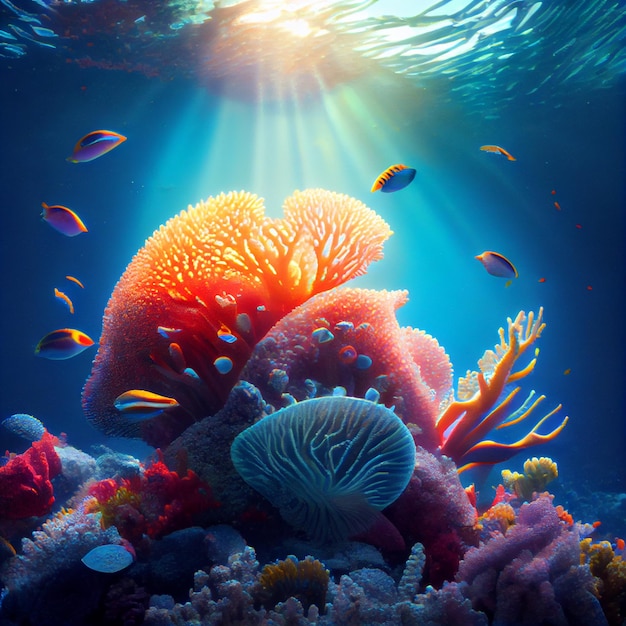 Zdjęcie rafy koralowej z pływającą w wodzie rybą.