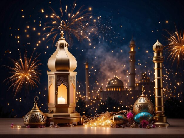 zdjęcie ramadan kareem eid mubarak królewska elegancka lampa ze świętą bramą meczetu z fajerwerkami