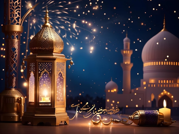 Zdjęcie ramadan kareen eid mubarak tło z lampą meczet święte fajerwerki generatywne ai