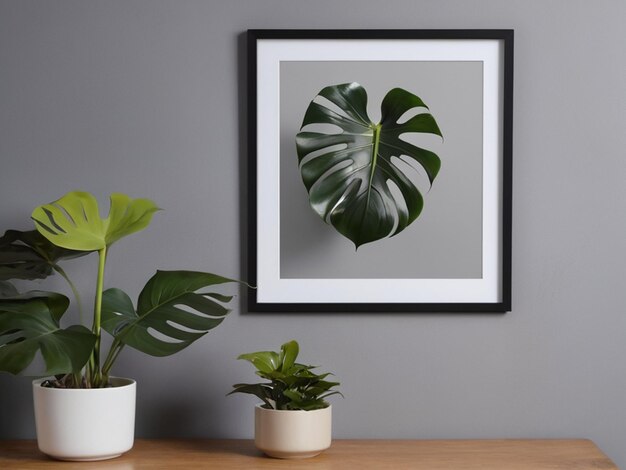 Zdjęcie ramkowe rośliny monstera na szarej ścianie