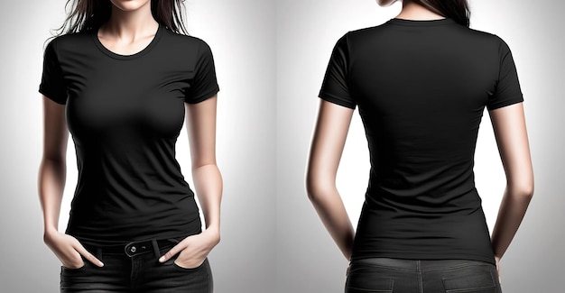 Zdjęcie realistycznej kobiety czarne koszulki z widokiem z przodu iz tyłu miejsca na kopię