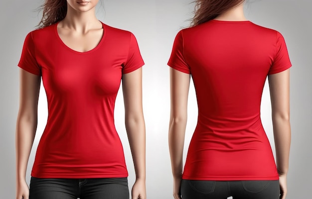 Zdjęcie realistycznej kobiety czerwone koszulki z widokiem z przodu iz tyłu miejsca na kopię