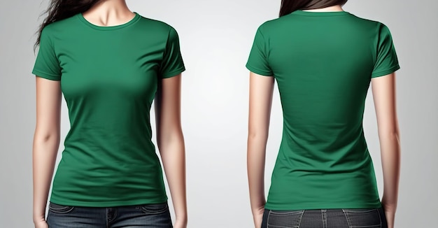 Zdjęcie realistycznej kobiety zielone koszulki z widokiem z przodu iz tyłu miejsca na kopię