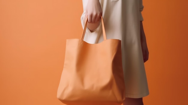 zdjęcie ręki trzymającej torebkę na miękkim pomarańczowym tle z kopią przestrzeni