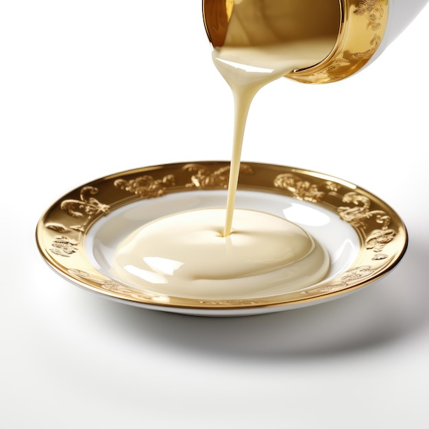 Zdjęcie reklamowe zbliżenia słodzonego mleka skondensowanego wylewanego na złotą płytkę na białym ba