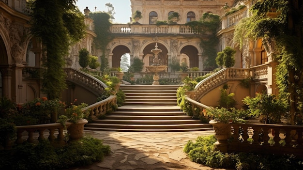 Zdjęcie renesansowego pałacu z wielkimi schodami i zadbanymi ogrodami na tle