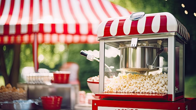 Zdjęcie retro maszyny do popcornu na karnawale jasnego światła słonecznego na zewnątrz