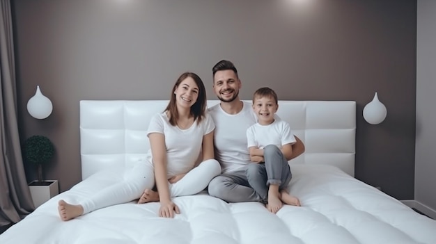 Zdjęcie rodzinne z uśmiechniętym, zadowolonym mężczyzną lub matką i dzieckiem, synem lub córką na wygodnym, bezpiecznym łóżku stworzonym przez generatywną sztuczną inteligencję
