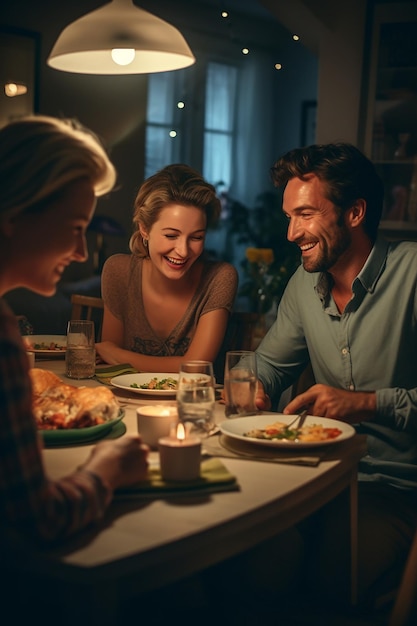 Zdjęcie rodzinnej kolacji wyraźne rysy twarzy zrelaksowane i radosne miejsce na naukę