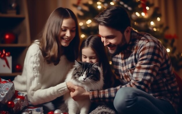 Zdjęcie zdjęcie rodziny świętującej wesołe boże narodzenie z uroczym kotem