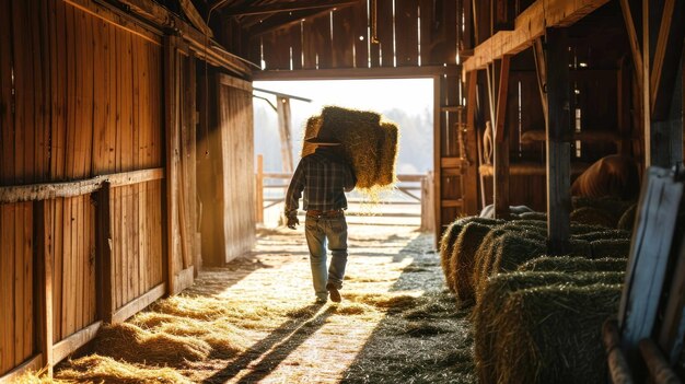 Zdjęcie rolnika niosącego bały siana na strych stodoły