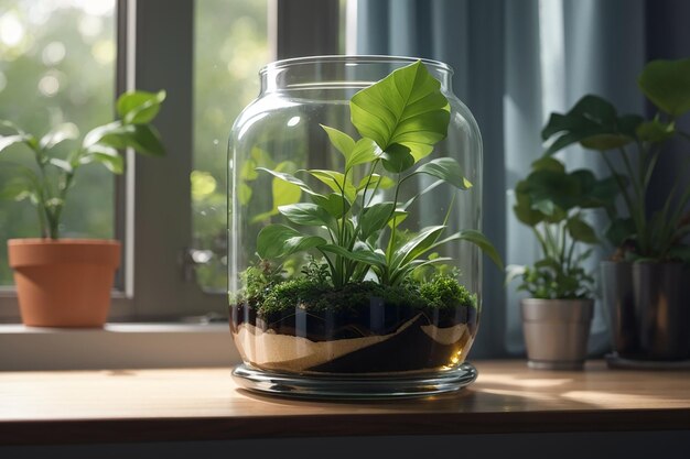 Zdjęcie rośliny rosnącej w szklanym słoju z rośliną wyrastającą z niego